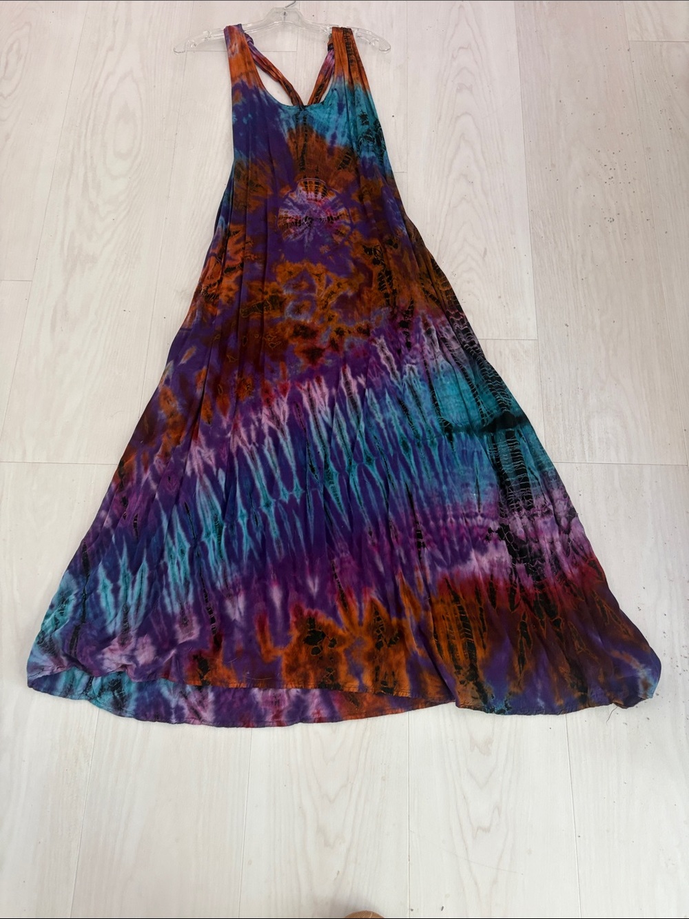 Tie-Dye Maxi Dress in Purple, Teal & Rust rayon washes well .